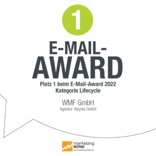 Badge für den ersten Platz beim E-Mail-Award 2022 für WMF in der Kategorie Lifecycle